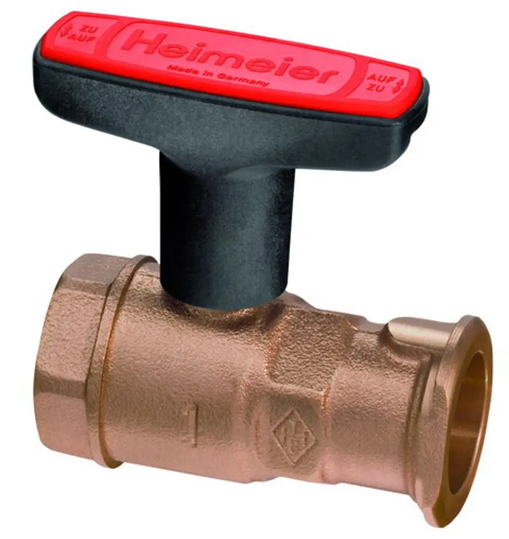 Rotguss Kugelhahn mit schwarzem Handgriff. Das Produkt ist von IMI Hydronic Engineering. Sichtbare Markierungen für Öffnen und Schließen.